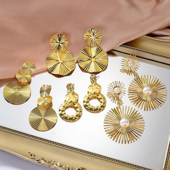 11 Pairs Gold Dangle Earrings Set Hammered Round Drop Statement for Women - Picture 7 of 7